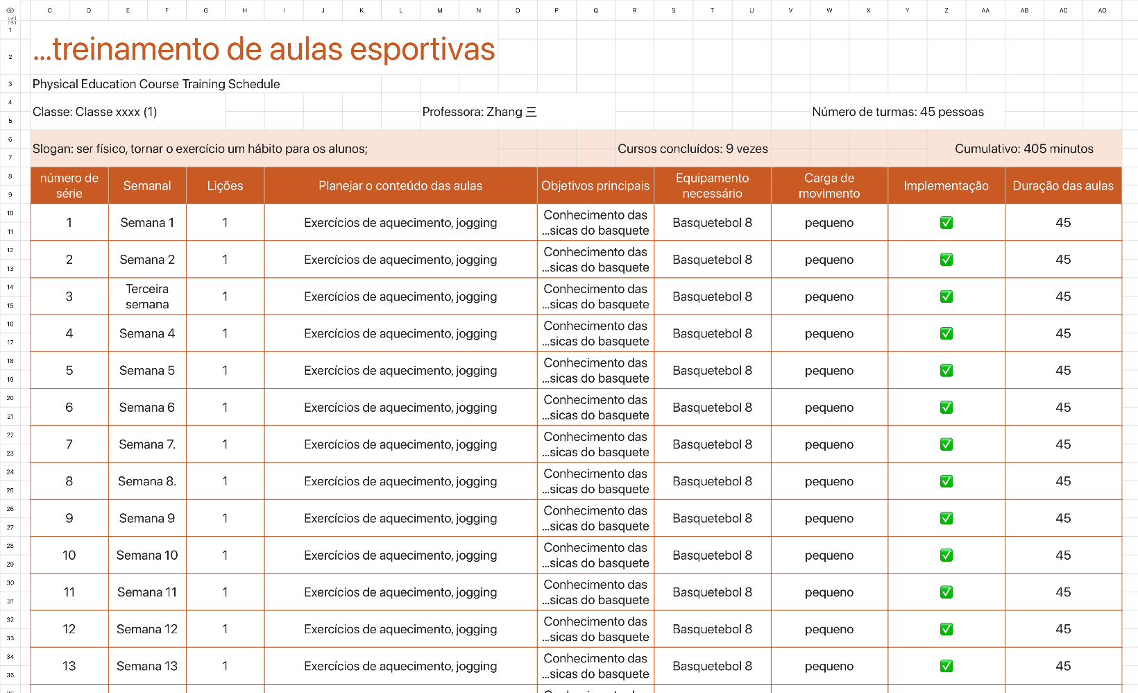Programa de treinamento de aulas esportivas